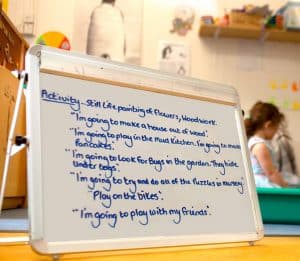 Children's daily statement activity list with three children in the background